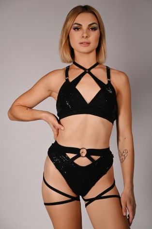 siren top glittery in black, mermaid style front view with sequin scale inserts