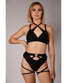 siren top glittery in black, mermaid style front view with sequin scale inserts