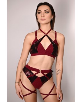 siren top glittery in burgundy, mermaid style front view with sequin scale inserts