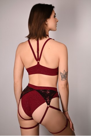 siren top in burgundy, back view glitter fabric adjustable neck straps