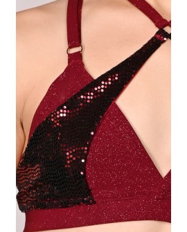 siren top in burgundy detail sequin mermaid scale insert close up