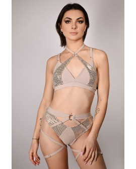 siren top glittery in latte, mermaid style front view with sequin scale inserts