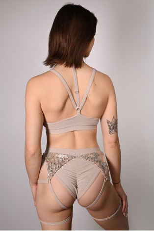 siren top in latte, back view glitter fabric adjustable neck straps