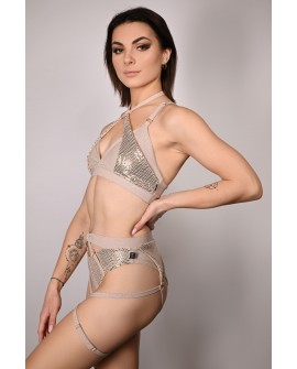 siren top in latte, side view shimmering fabric sequin details