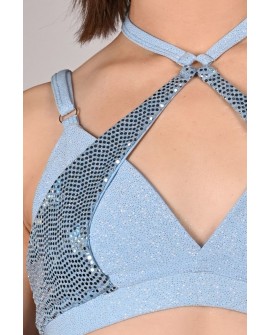 siren top in baby blue detail sequin mermaid scale insert close up