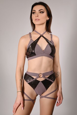 siren top glittery in light brown, mermaid style front view with sequin scale inserts