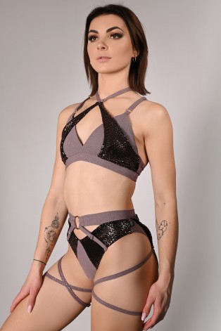 siren top in light brown, side view shimmering fabric sequin details