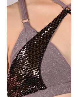 siren top in light brown detail sequin mermaid scale insert close up