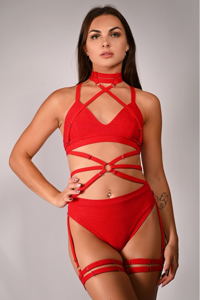 Glittery Spooky Shorts in red with removable thigh straps – front view