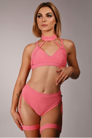 Side view of Glittery Spooky Shorts in light pink with thigh straps