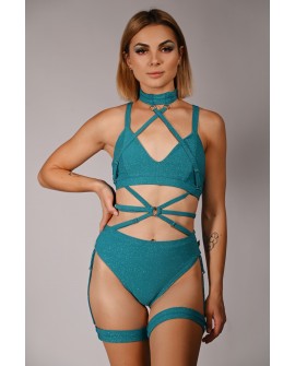 Glittery Spooky Shorts in turquoise with removable thigh straps – front view