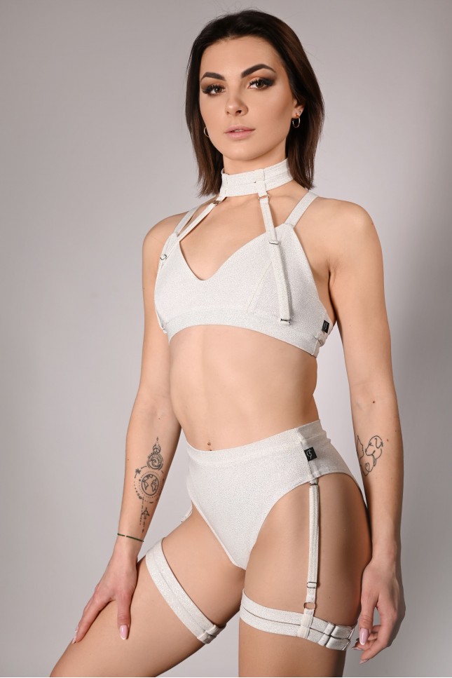 Glittery Spooky Shorts in off white with removable thigh straps – front view
