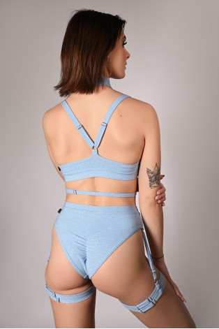 Back view of Glittery Spooky Shorts in baby blue showing brazilian cut