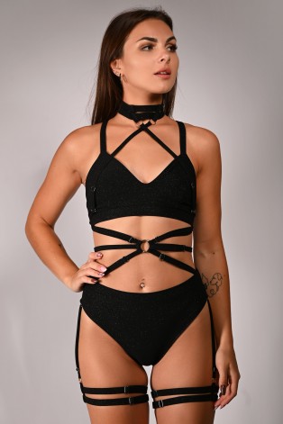 Glittery Spooky Top in black with removable neck and belly straps – front view