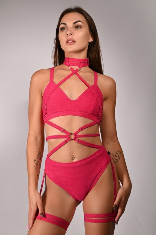 Glittery Spooky Top in hot pink with removable neck and belly straps – front view