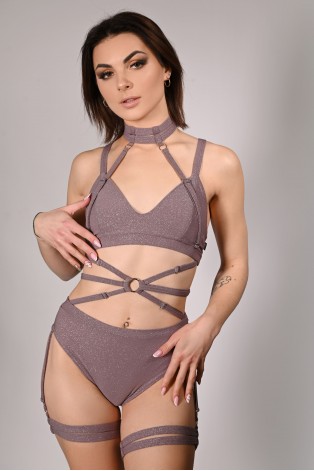 Glittery Spooky Top in light brown with removable neck and belly straps – front view