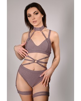 Glittery Spooky Top in light brown with removable neck and belly straps – front view