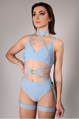 Glittery Spooky Top in baby blue with removable neck and belly straps – front view