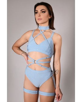 Glittery Spooky Top in baby blue with removable neck and belly straps – front view