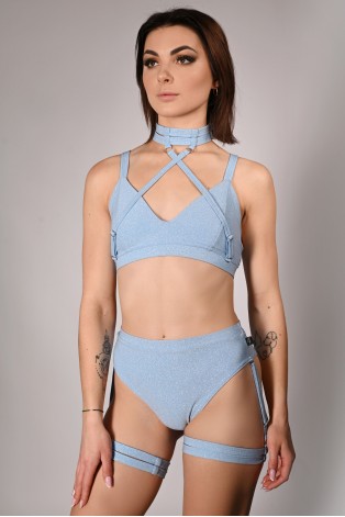 Glittery Spooky Top in baby blue with removable neck straps – front view