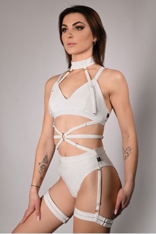 Glittery Spooky Top in off-white with removable neck and belly straps – front view