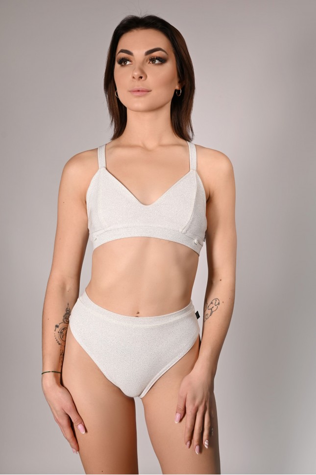 Glittery Spooky Top in off-white with removable neck and belly straps, front view, clean training look