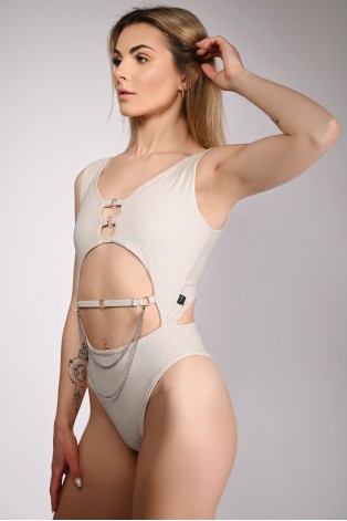 Glittery Chic bodysuit in pearl with side cut-outs and chain decoration, side view, stage performance bodysuit