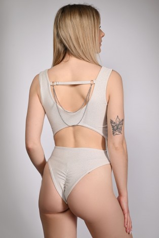Glittery Chic bodysuit in pearl with adjustable straps and elastic back, back view, with a chain on the back