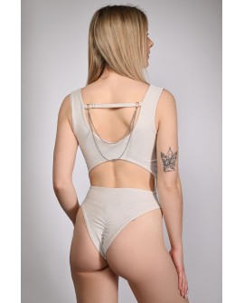Glittery Chic bodysuit in pearl with adjustable straps and elastic back, back view, with a chain on the back