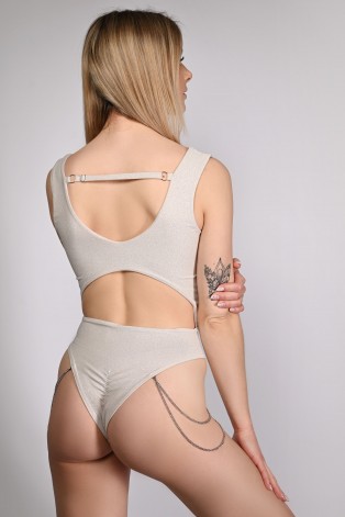 Glittery Chic bodysuit in pearl with adjustable straps and elastic back, back view, shimmering exotic dance bodysuit