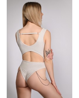 Glittery Chic bodysuit in pearl with adjustable straps and elastic back, back view, shimmering exotic dance bodysuit