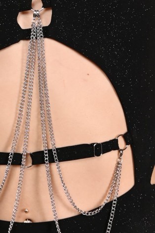 Detail of detachable chains on glittery Chic bodysuit black, adjustable waist chains, femme fatale dancewear