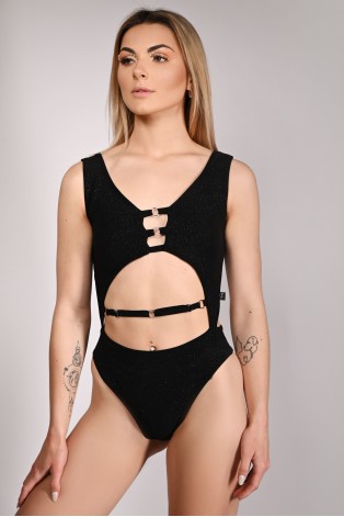 Glittery Chic bodysuit in black with detachable chains and cut-out front, front view, femme fatale pole dance bodysuit
