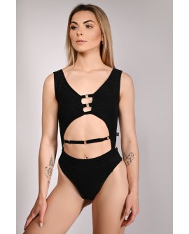 Glittery Chic bodysuit in black with detachable chains and cut-out front, front view, femme fatale pole dance bodysuit