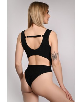 Glittery Chic bodysuit in black with adjustable straps and elastic back, back view, shimmering exotic dance bodysuit