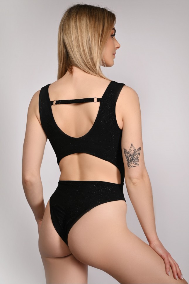 Glittery Chic bodysuit in black with adjustable straps and elastic back, back view, shimmering exotic dance bodysuit