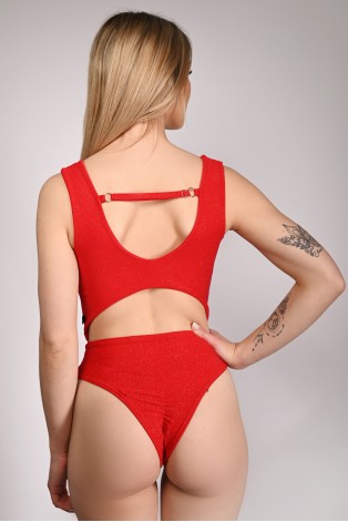Glittery Chic bodysuit in red with adjustable straps and elastic back, back view, shimmering exotic dance bodysuit