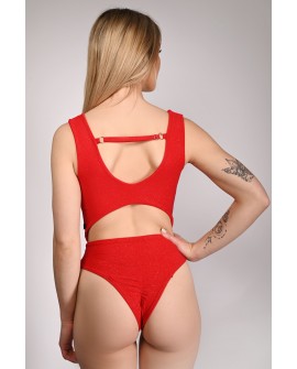 Glittery Chic bodysuit in red with adjustable straps and elastic back, back view, shimmering exotic dance bodysuit