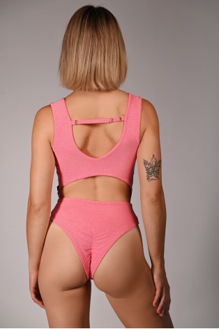Glittery Chic bodysuit in light coral with adjustable straps and elastic back, back view, shimmering exotic dance bodysuit