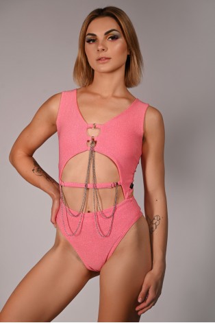 Glittery Chic bodysuit in light coral with detachable chains and cut-out front, front view, femme fatale pole dance bodysuit
