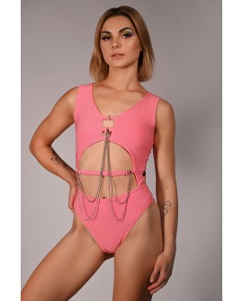 Glittery Chic bodysuit in light coral with detachable chains and cut-out front, front view, femme fatale pole dance bodysuit