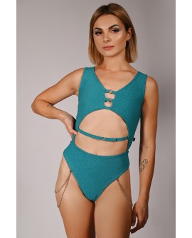 Glittery Chic bodysuit in turquoise with detachable chains and cut-out front, front view, femme fatale pole dance bodysuit