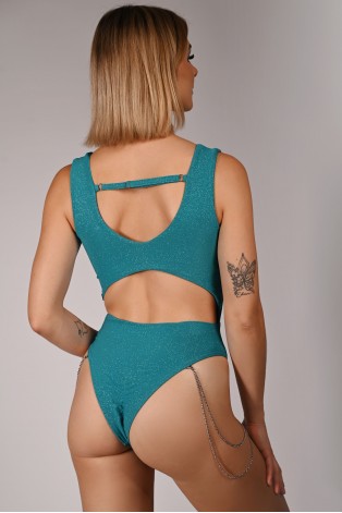 Glittery Chic bodysuit in turquoise with adjustable straps and elastic back, back view, shimmering exotic dance bodysuit