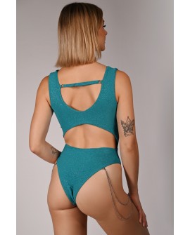 Glittery Chic bodysuit in turquoise with adjustable straps and elastic back, back view, shimmering exotic dance bodysuit