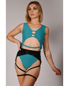 Glittery Chic bodysuit in turquoise with detachable chains and cut-out front, front view, stylized with siren belt