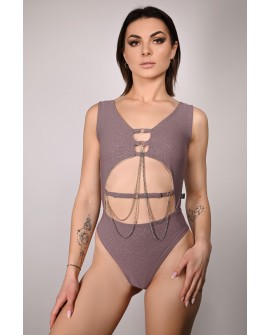 Glittery Chic bodysuit in light brown with detachable chains and cut-out front, front view, femme fatale pole dance bodysuit