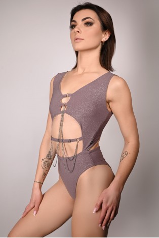 Glittery Chic bodysuit in light brown with side cut-outs and chain decoration, side view, stage performance bodysuit