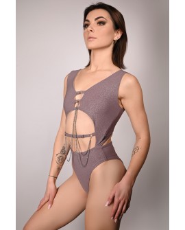Glittery Chic bodysuit in light brown with side cut-outs and chain decoration, side view, stage performance bodysuit