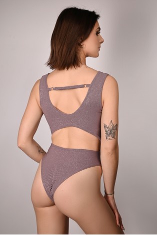 Glittery Chic bodysuit in light brown with adjustable straps and elastic back, back view, shimmering exotic dance bodysuit