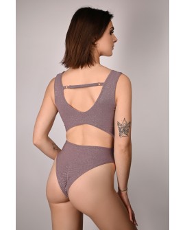 Glittery Chic bodysuit in light brown with adjustable straps and elastic back, back view, shimmering exotic dance bodysuit